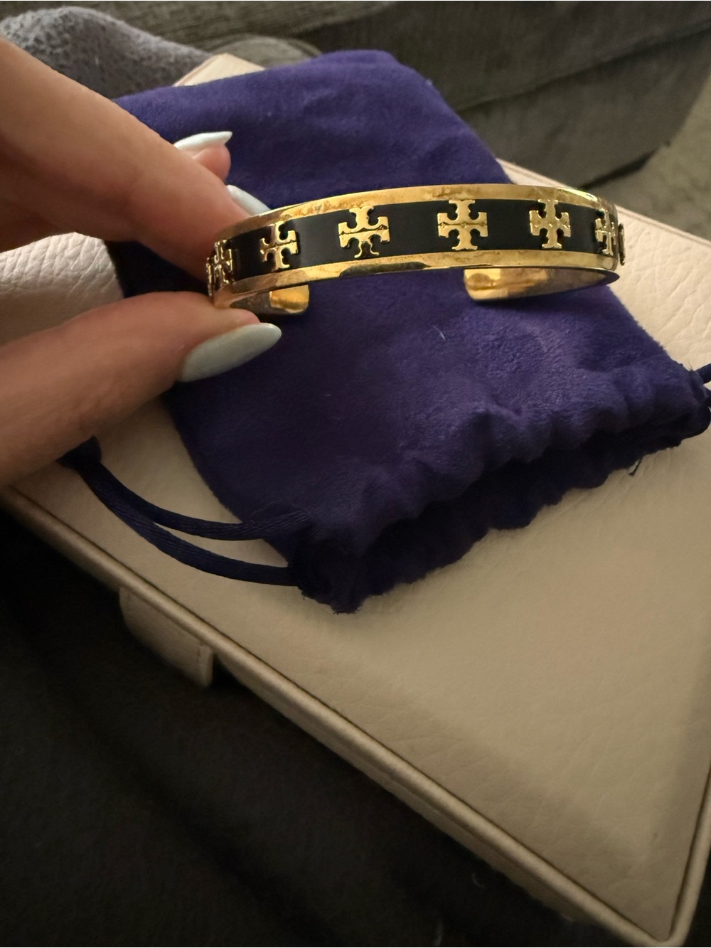 Tory Burch Gold and Black Logo Cuff Bracelet